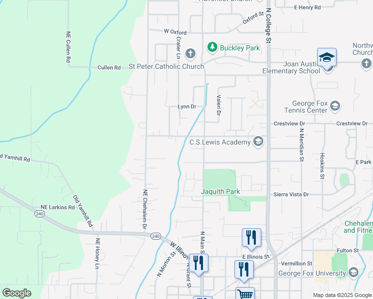 map of restaurants, bars, coffee shops, grocery stores, and more near 120 Ashley Court in Newberg