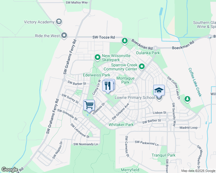 map of restaurants, bars, coffee shops, grocery stores, and more near 28750 Southwest Campanile Lane in Wilsonville