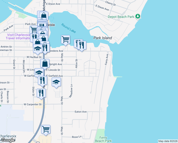 map of restaurants, bars, coffee shops, grocery stores, and more near 267 Tennyson Street in Charlevoix
