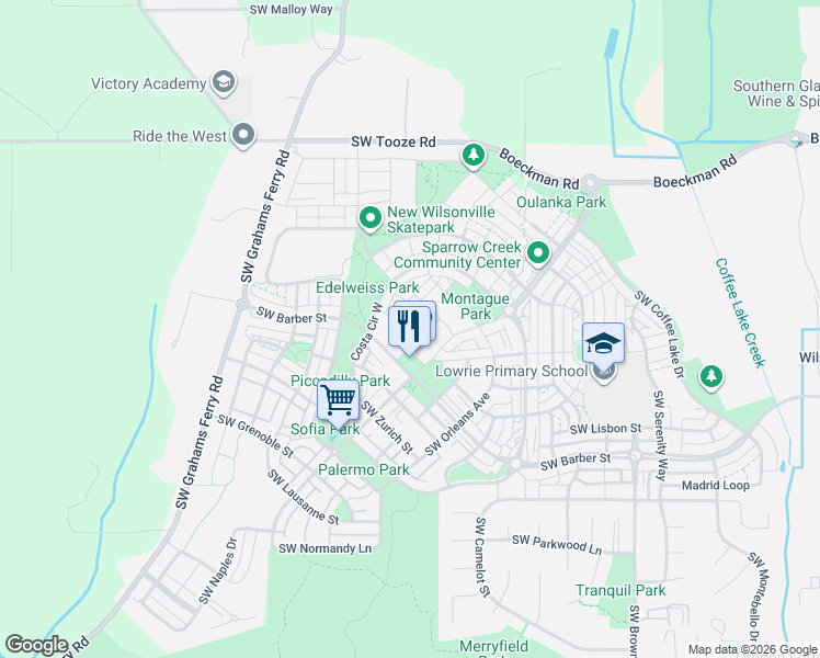 map of restaurants, bars, coffee shops, grocery stores, and more near 11715 Southwest Valencia Lane in Wilsonville