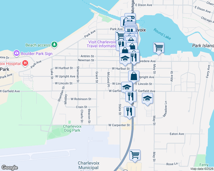 map of restaurants, bars, coffee shops, grocery stores, and more near 250-298 W Lincoln Ave in Charlevoix