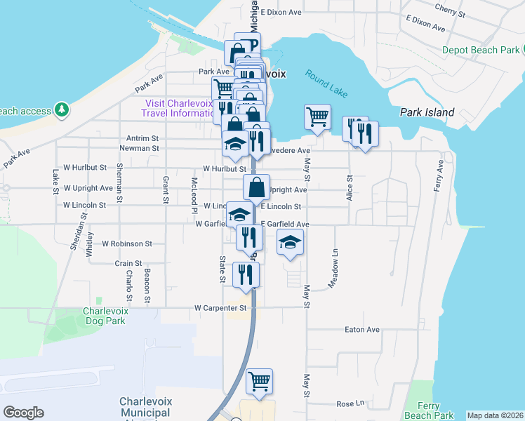 map of restaurants, bars, coffee shops, grocery stores, and more near 1008 Bridge Street in Charlevoix