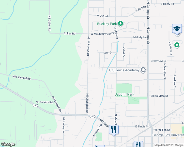 map of restaurants, bars, coffee shops, grocery stores, and more near 1650 Northeast Chehalem Drive in Newberg