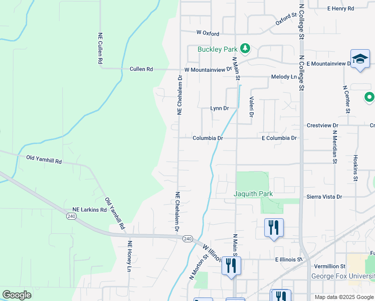 map of restaurants, bars, coffee shops, grocery stores, and more near 1650 Northeast Chehalem Drive in Newberg