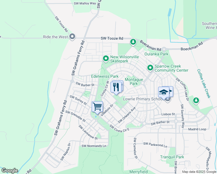 map of restaurants, bars, coffee shops, grocery stores, and more near 28945 Southwest Costa Circle West in Wilsonville