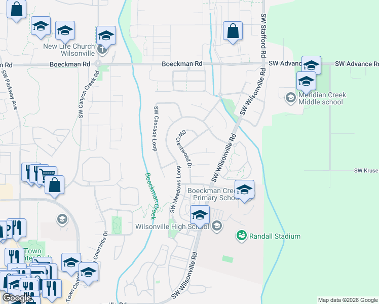 map of restaurants, bars, coffee shops, grocery stores, and more near 7101 Southwest Glenwood Court in Wilsonville