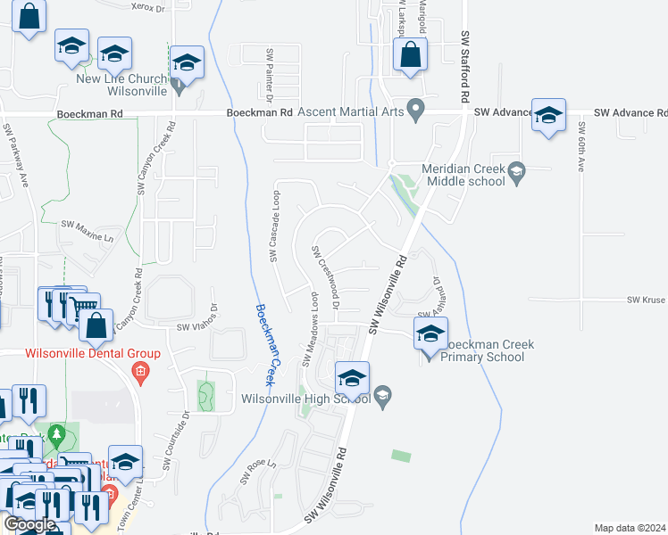map of restaurants, bars, coffee shops, grocery stores, and more near 7101 Southwest Glenwood Court in Wilsonville