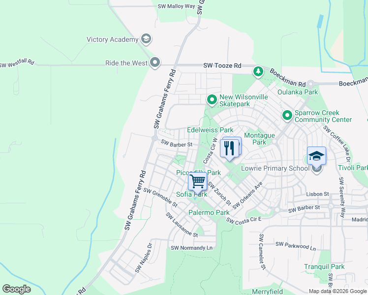 map of restaurants, bars, coffee shops, grocery stores, and more near 11814 Southwest Barber Street in Wilsonville