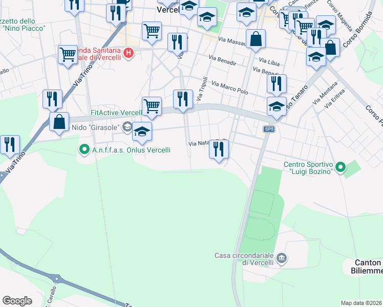 map of restaurants, bars, coffee shops, grocery stores, and more near 67 Corso XXVI Aprile in Vercelli