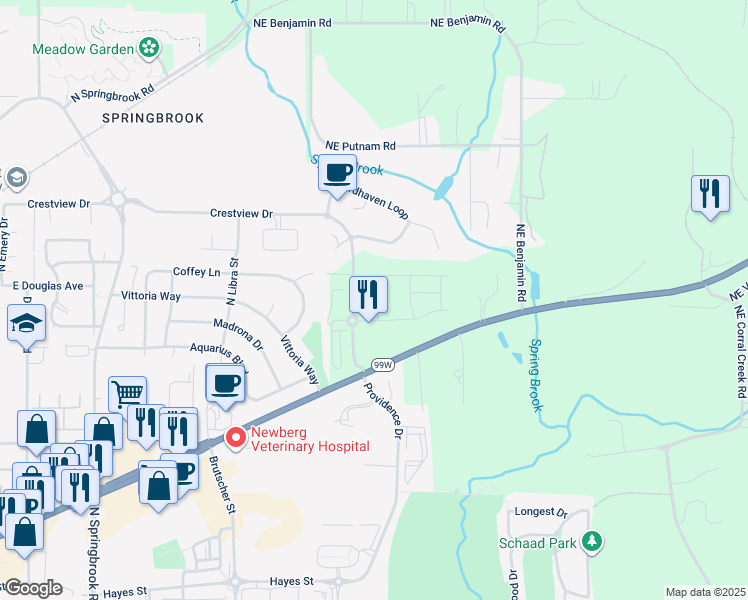 map of restaurants, bars, coffee shops, grocery stores, and more near 4505 E Portland Rd in Newberg
