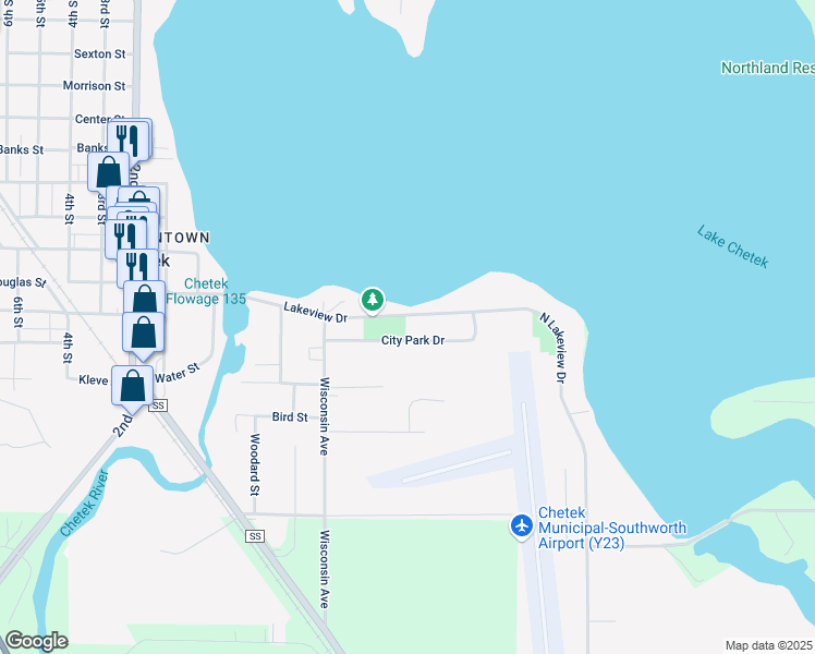 map of restaurants, bars, coffee shops, grocery stores, and more near 319 Lakeview Drive in Chetek