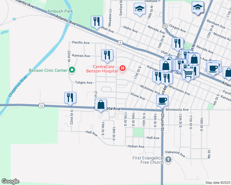 map of restaurants, bars, coffee shops, grocery stores, and more near 410 19th Street South in Benson