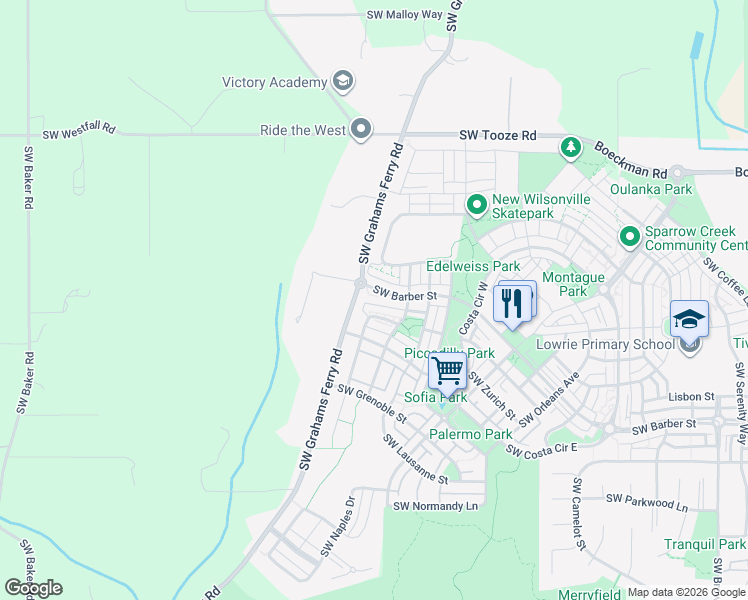 map of restaurants, bars, coffee shops, grocery stores, and more near 11984 Southwest Barber Street in Wilsonville