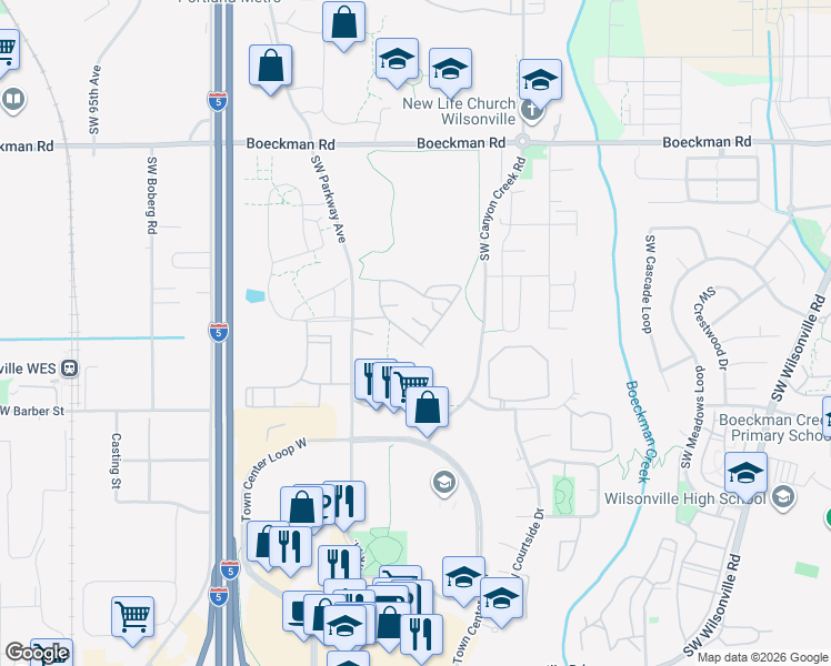 map of restaurants, bars, coffee shops, grocery stores, and more near 28768 Southwest Ash Meadows Boulevard in Wilsonville