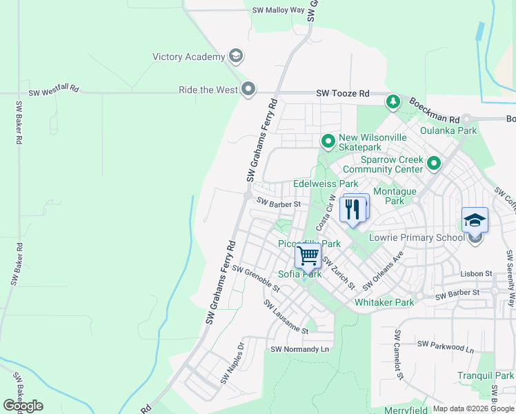 map of restaurants, bars, coffee shops, grocery stores, and more near 28915 Southwest San Remo Avenue in Wilsonville