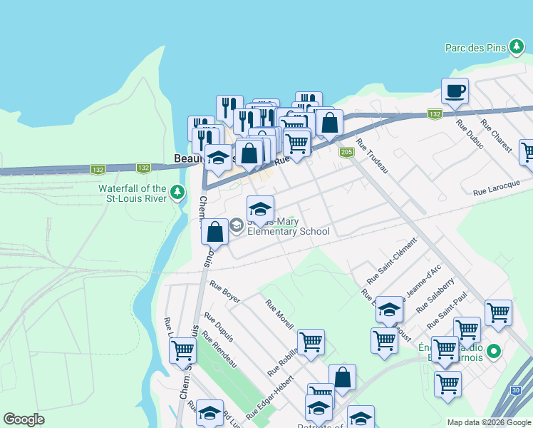 map of restaurants, bars, coffee shops, grocery stores, and more near Rue Richardson in Beauharnois