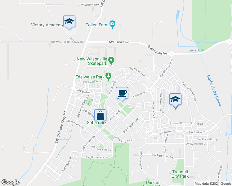 map of restaurants, bars, coffee shops, grocery stores, and more near 11761 Southwest Valencia Lane in Wilsonville