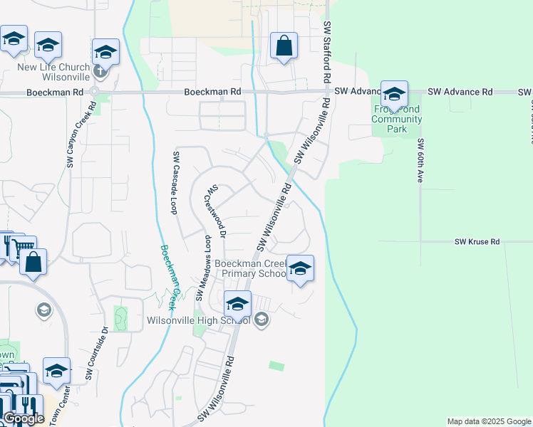 map of restaurants, bars, coffee shops, grocery stores, and more near 6851 Southwest Glenwood Court in Wilsonville