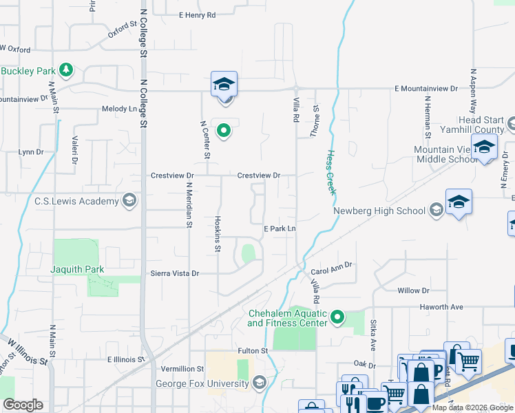 map of restaurants, bars, coffee shops, grocery stores, and more near 1633 Johnson Drive in Newberg