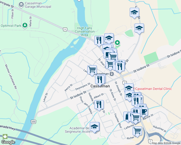 map of restaurants, bars, coffee shops, grocery stores, and more near 756 Laval Street in Casselman
