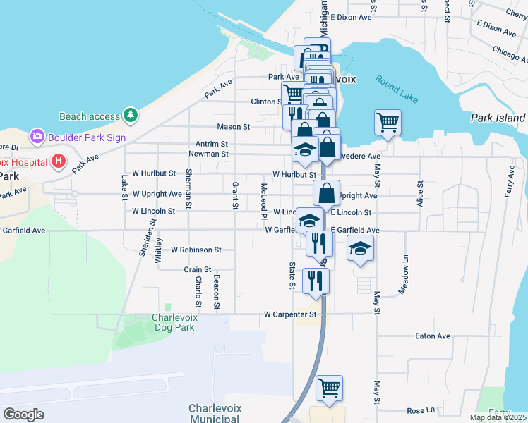 map of restaurants, bars, coffee shops, grocery stores, and more near 250 West Lincoln Street in Charlevoix