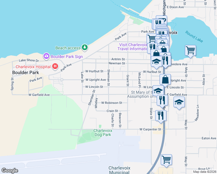 map of restaurants, bars, coffee shops, grocery stores, and more near 700 Sherman Street in Charlevoix