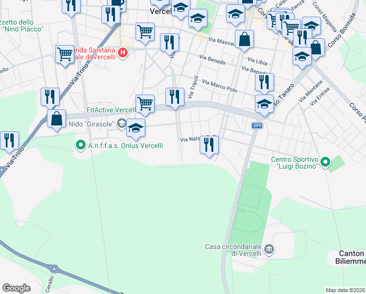 map of restaurants, bars, coffee shops, grocery stores, and more near 67 Corso XXVI Aprile in Vercelli