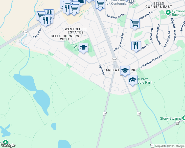 map of restaurants, bars, coffee shops, grocery stores, and more near 35 Forester Crescent in Ottawa
