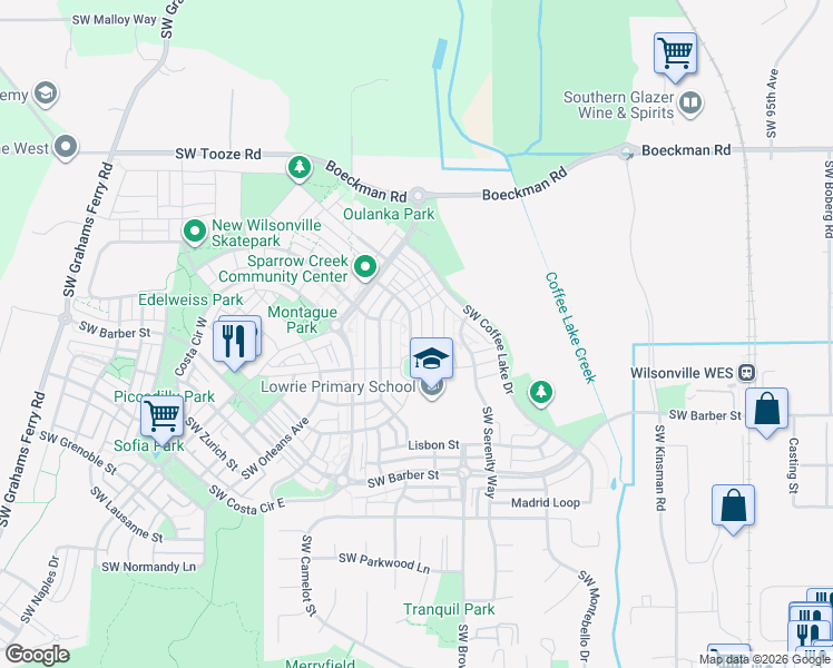 map of restaurants, bars, coffee shops, grocery stores, and more near 10820 Southwest Stockholm Drive in Wilsonville
