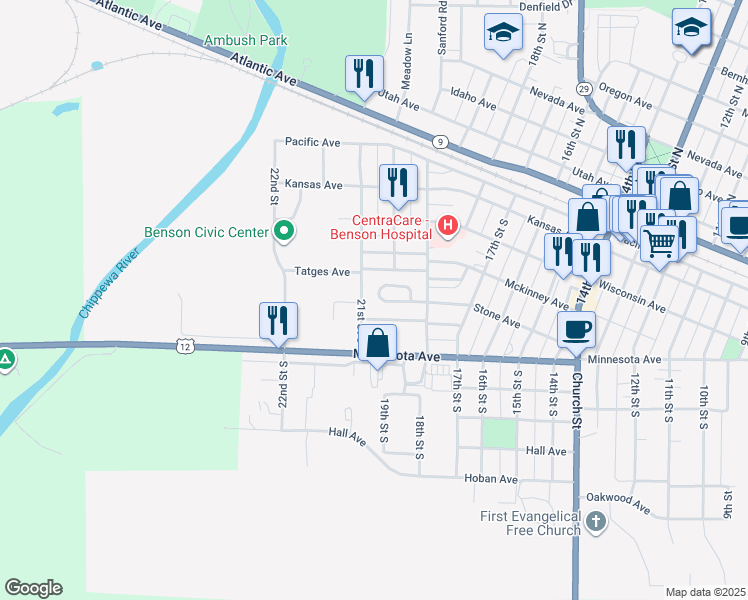 map of restaurants, bars, coffee shops, grocery stores, and more near 1920 Minnesota Avenue in Benson