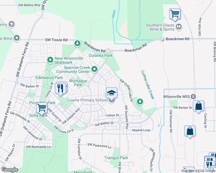 map of restaurants, bars, coffee shops, grocery stores, and more near 10820 Southwest Stockholm Drive in Wilsonville