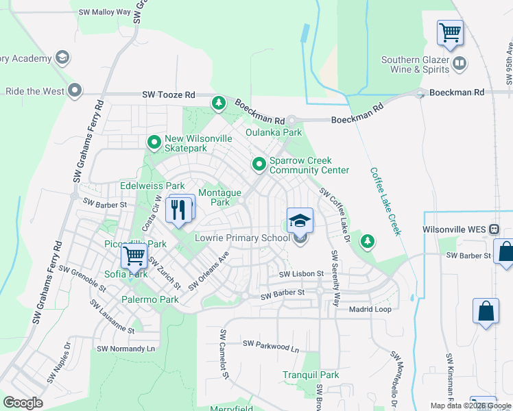 map of restaurants, bars, coffee shops, grocery stores, and more near 29152 Southwest Costa Circle East in Wilsonville