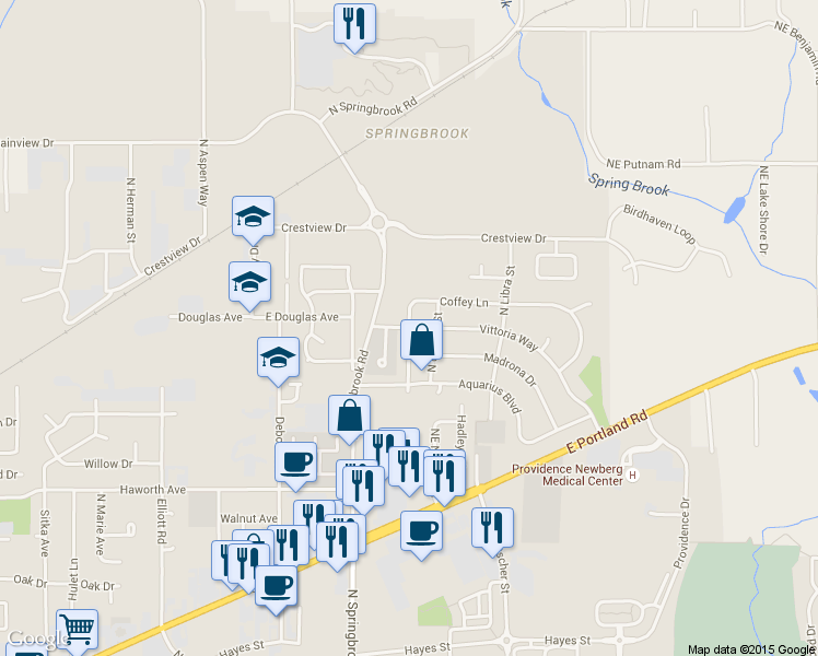 map of restaurants, bars, coffee shops, grocery stores, and more near Coffey Ln & Vittoria Way in Newberg