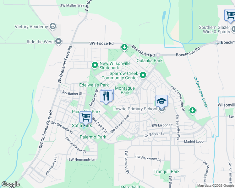 map of restaurants, bars, coffee shops, grocery stores, and more near 28668 Southwest Paris Avenue in Wilsonville