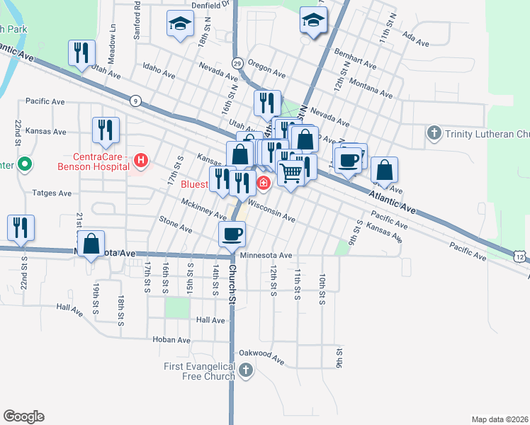 map of restaurants, bars, coffee shops, grocery stores, and more near 315 13th Street South in Benson