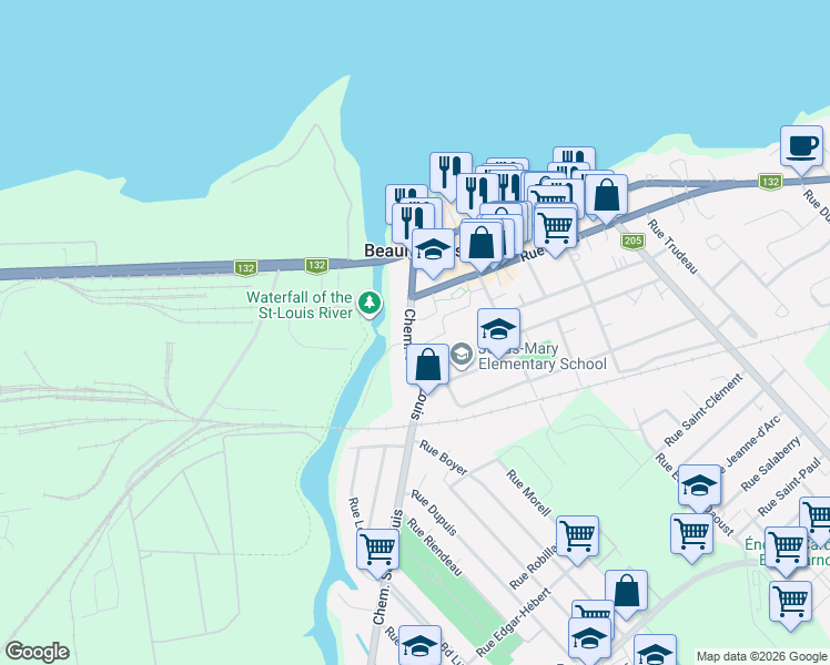 map of restaurants, bars, coffee shops, grocery stores, and more near 174 Chemin Saint-Louis in Beauharnois