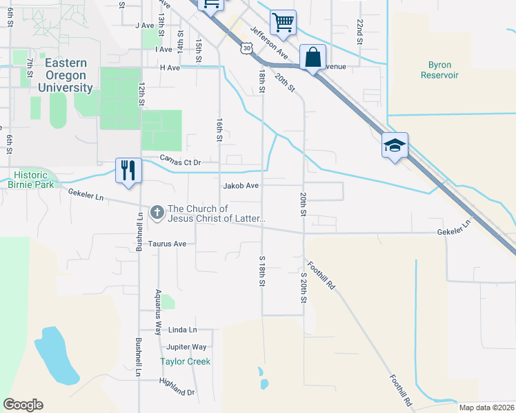 map of restaurants, bars, coffee shops, grocery stores, and more near 114 18th Street in La Grande