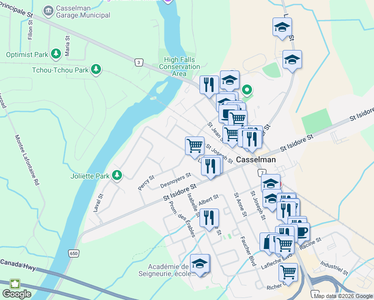 map of restaurants, bars, coffee shops, grocery stores, and more near 702 Dollard Street in Casselman