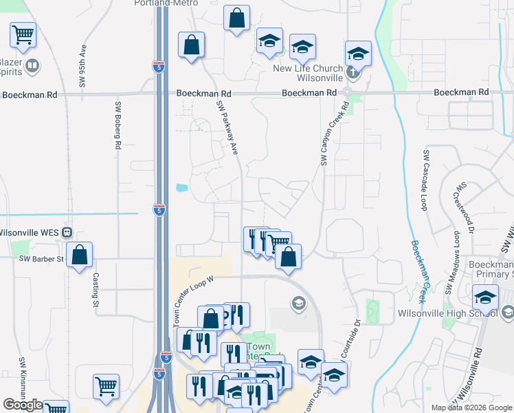 map of restaurants, bars, coffee shops, grocery stores, and more near 8890 Ash Meadows Lane in Wilsonville