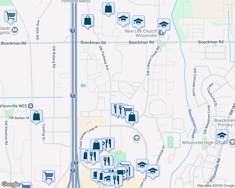 map of restaurants, bars, coffee shops, grocery stores, and more near 8890 Ash Meadows Lane in Wilsonville