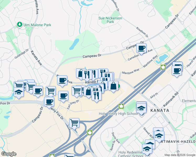 map of restaurants, bars, coffee shops, grocery stores, and more near 180 Kanata Avenue in Ottawa