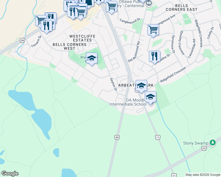 map of restaurants, bars, coffee shops, grocery stores, and more near 44 Forester Crescent in Ottawa