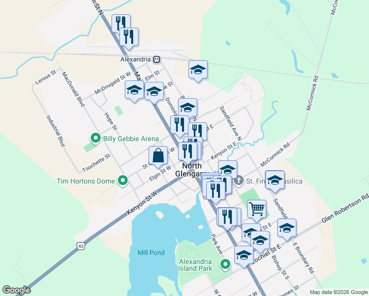 map of restaurants, bars, coffee shops, grocery stores, and more near 83 Main Street North in North Glengarry