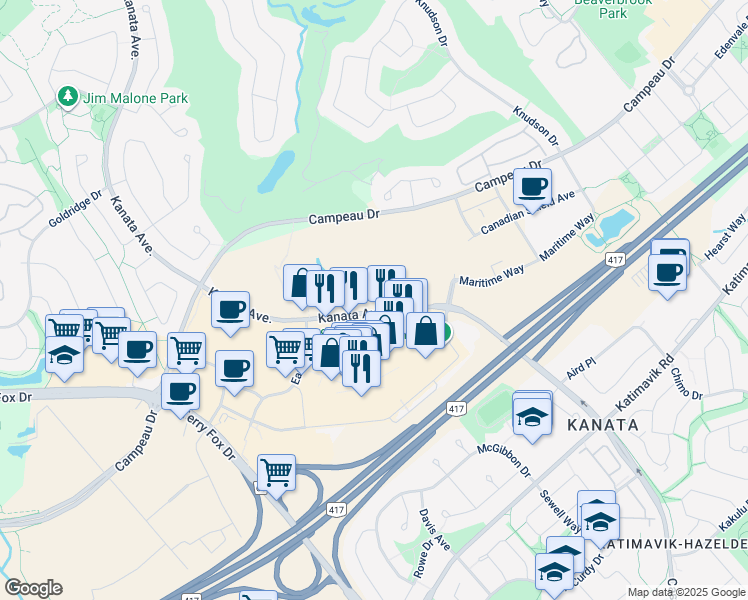 map of restaurants, bars, coffee shops, grocery stores, and more near 745 Kanata Ave in Ottawa