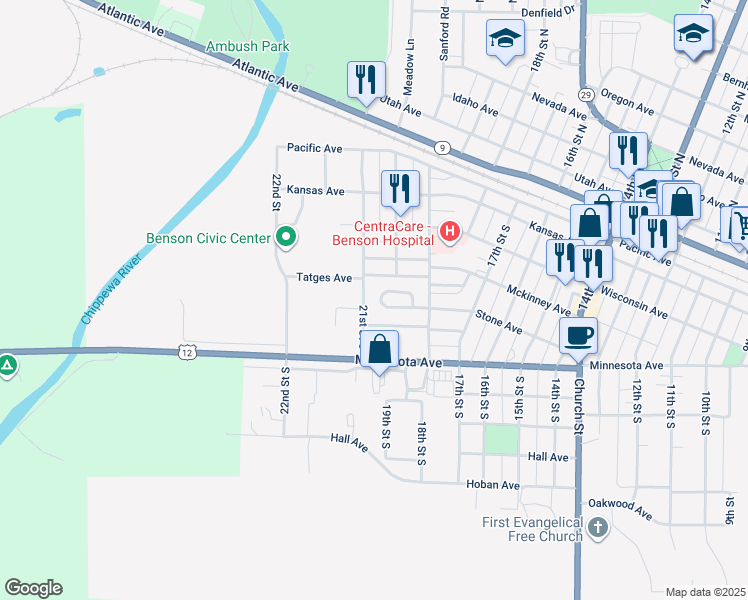 map of restaurants, bars, coffee shops, grocery stores, and more near 1920 Minnesota Avenue in Benson