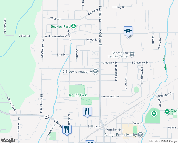 map of restaurants, bars, coffee shops, grocery stores, and more near 1703 North Page Drive in Newberg