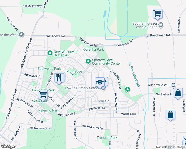 map of restaurants, bars, coffee shops, grocery stores, and more near 28770 Southwest Geneva Loop in Wilsonville