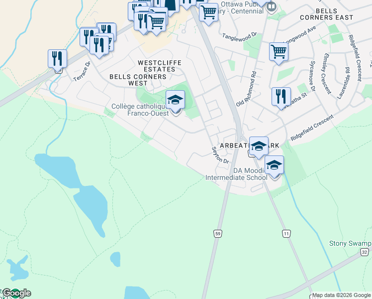map of restaurants, bars, coffee shops, grocery stores, and more near 34A Forester Crescent in Ottawa