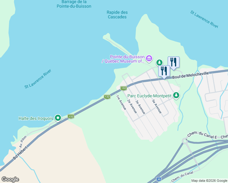 map of restaurants, bars, coffee shops, grocery stores, and more near 517 Boulevard de Melocheville in Beauharnois