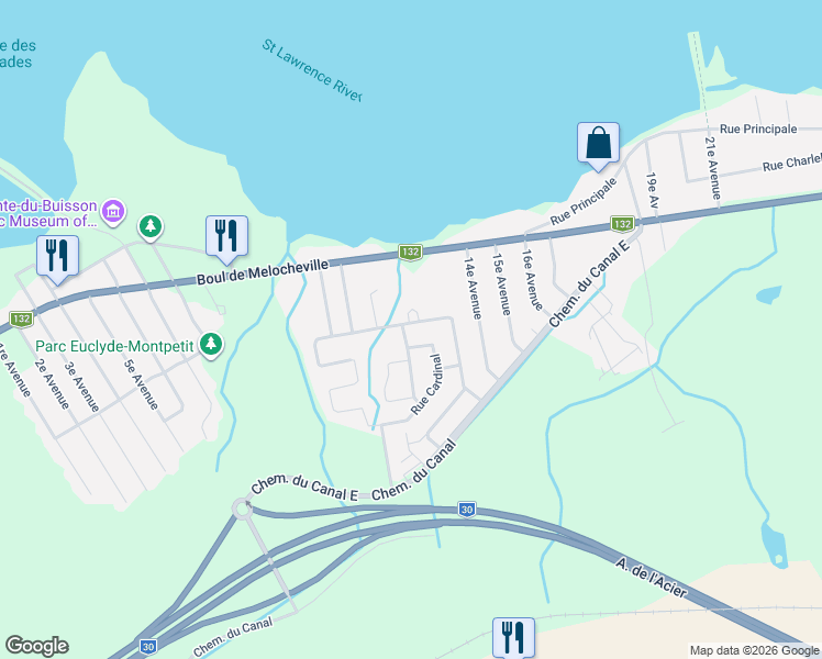 map of restaurants, bars, coffee shops, grocery stores, and more near 32 Rue Lucienne Charette in Beauharnois